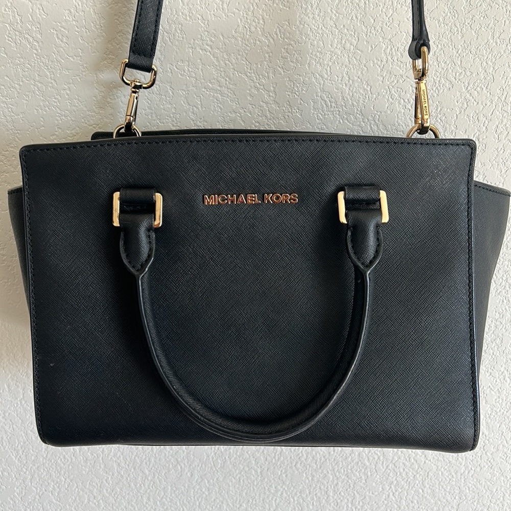 Black Michael Kors purse with gold detailing and long strap - Picture 2 of 8